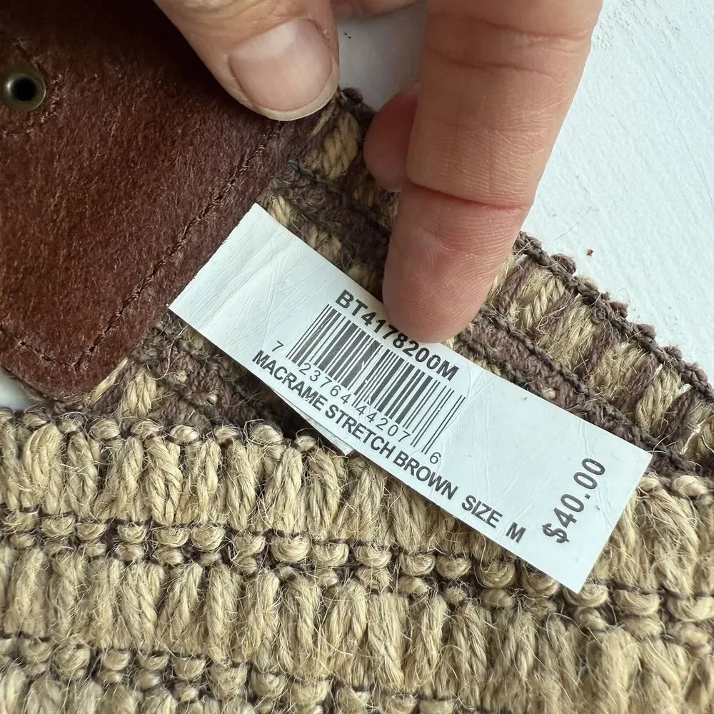 Fossil Macrame & Leather Belt/Stretch Brass Bit and Ring Gold Hardware Sz M New